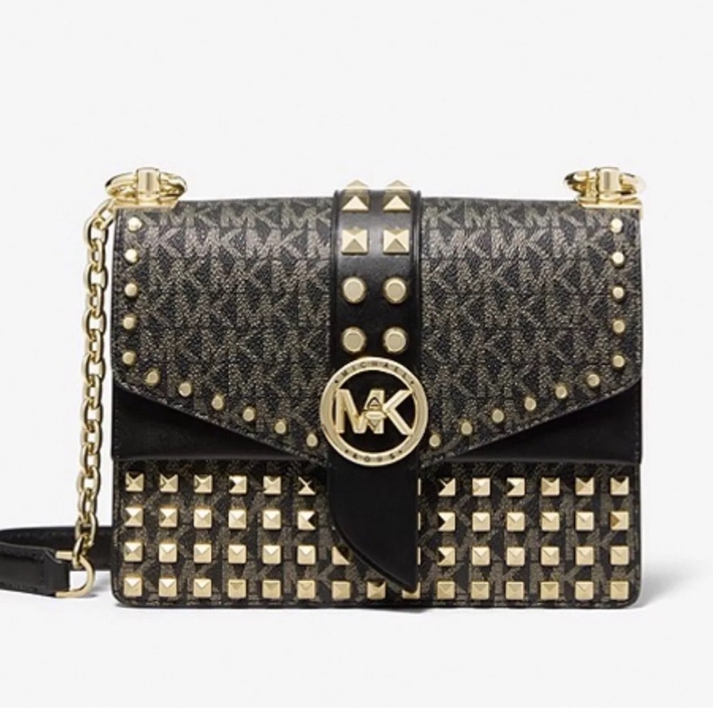 Michael Kors Greenwich Studded Metallic Logo Crossbody Bag